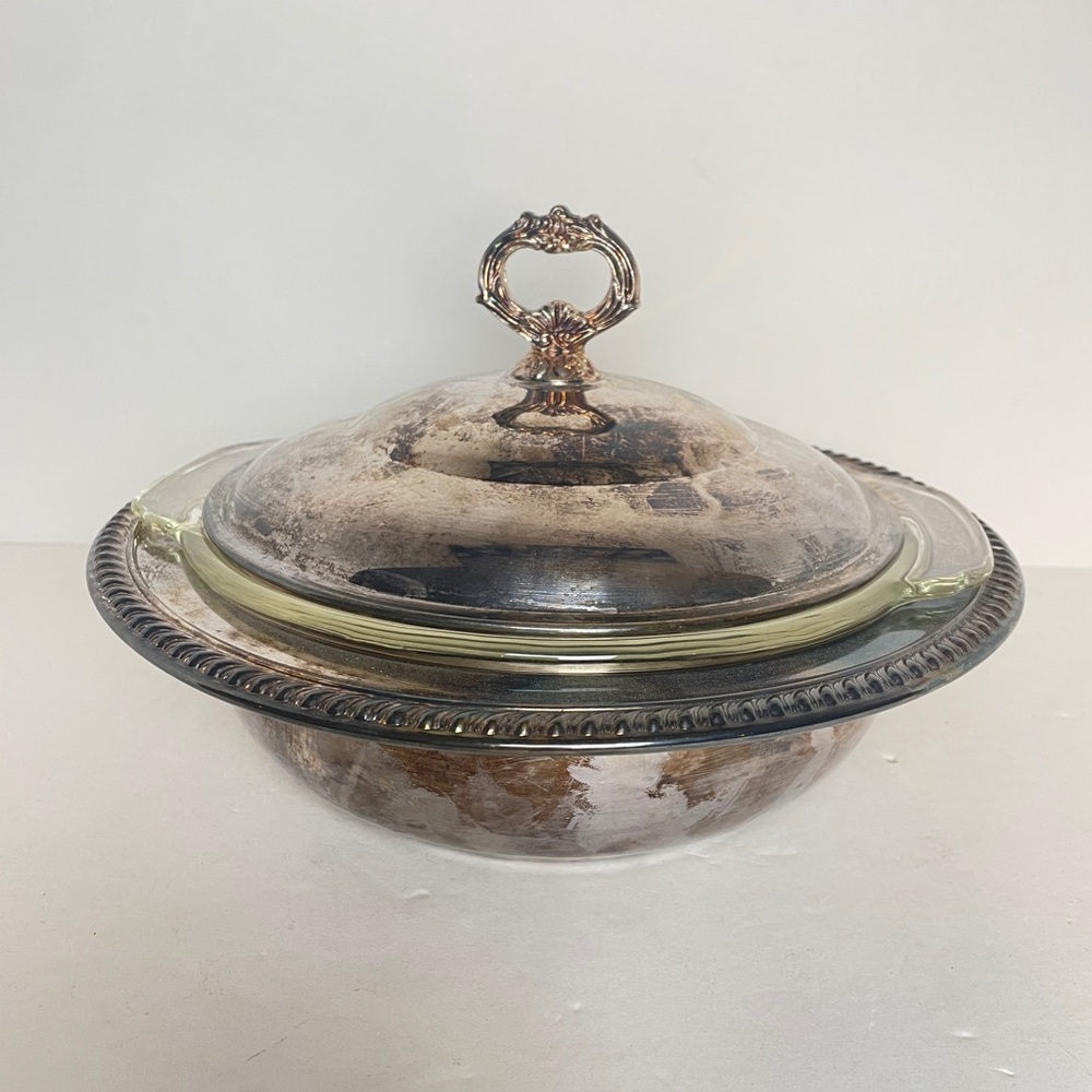 Fire-King Ovenware Covered Casserole Dish 1 1/2 QT #447 w/Silver Chafing Dish